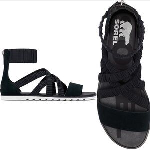 Sorel Sandals Ella II Black Ankle Strap Flats